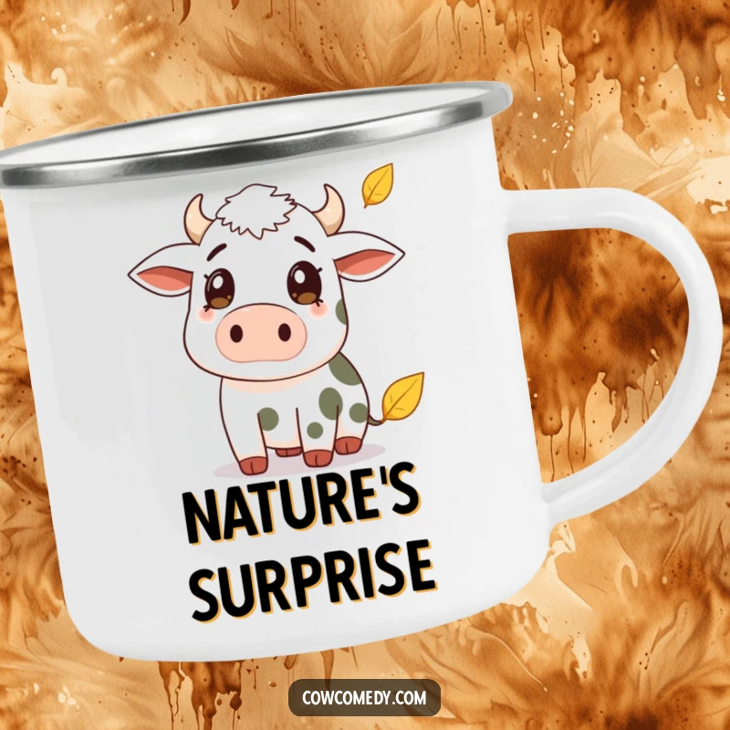 Funny camping mug featuring a surprised cow watching a falling leaf. Durable and humorous drinkware for outdoor use.