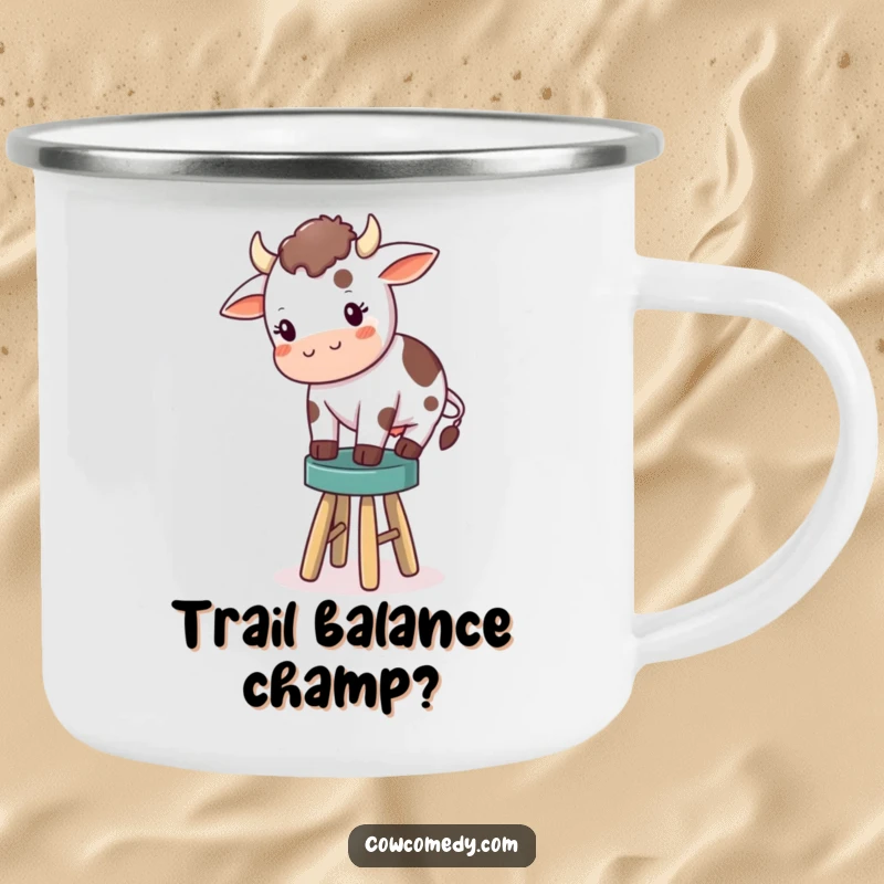 Funny camping mug illustration of a small cow wobbling on a tiny stool, ideal for outdoor enthusiasts who appreciate a good laugh.
