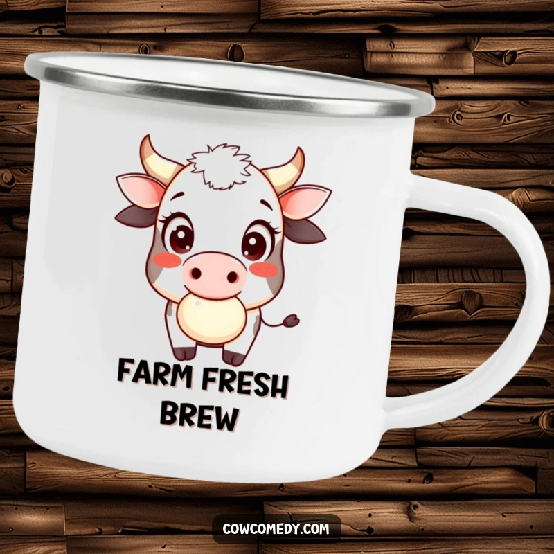 Funny cow cud chewer camping mug showing a smiling cow, large innocent eyes, playfully chewing cud, ideal for rustic humor.