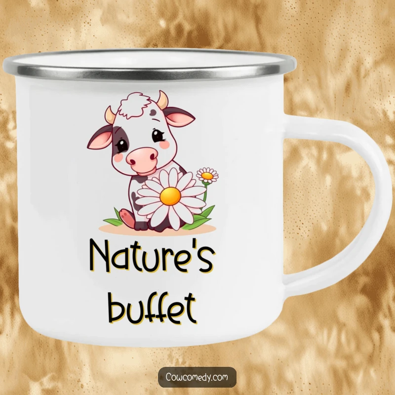 Funny camping mug featuring a joyful cow enthusiastically munching a giant stylized daisy. Durable and humorous drinkware for outdoor use.