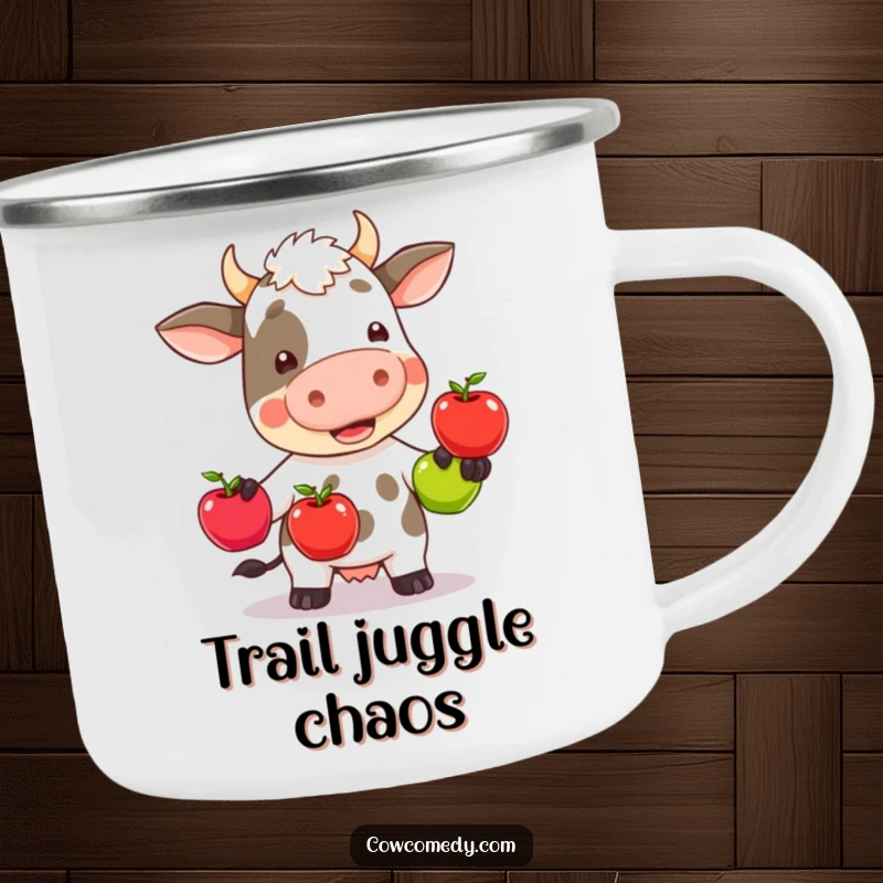Funny kawaii cow wobbly juggling three colorful apples, on a sturdy camping mug, ready for outdoor fun.