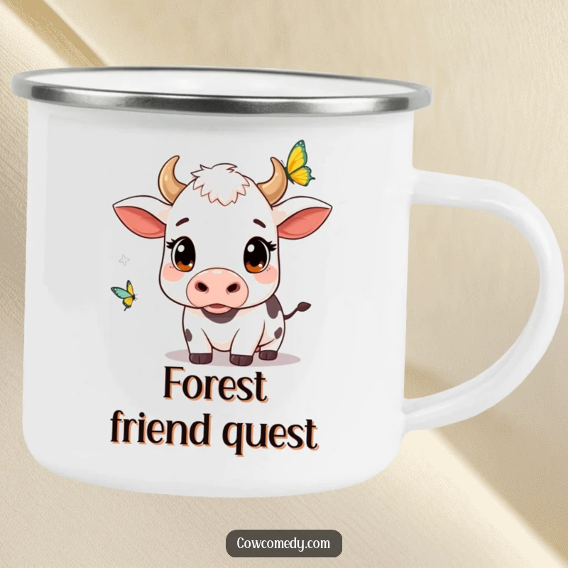Funny kawaii cow camping mug with wide, curious eyes watching a fluttering butterfly, perfect for enjoying drinks in nature.