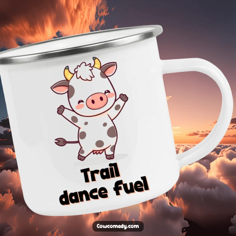 Funny Kawaii Cow Camping Mug: A spotted character dancing, ready for outdoor adventures and hot beverages, bringing cheer.