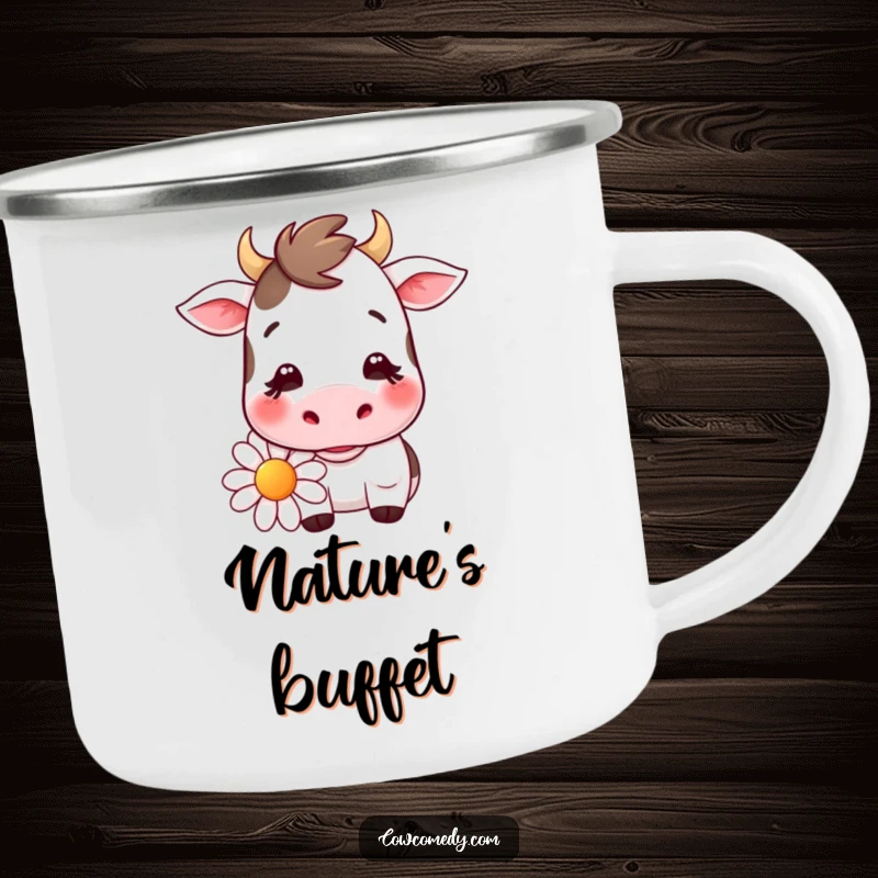 Funny kawaii cow camping mug with a gentle smiling cow chewing a large daisy, perfect for enjoying drinks outdoors with cute charm.