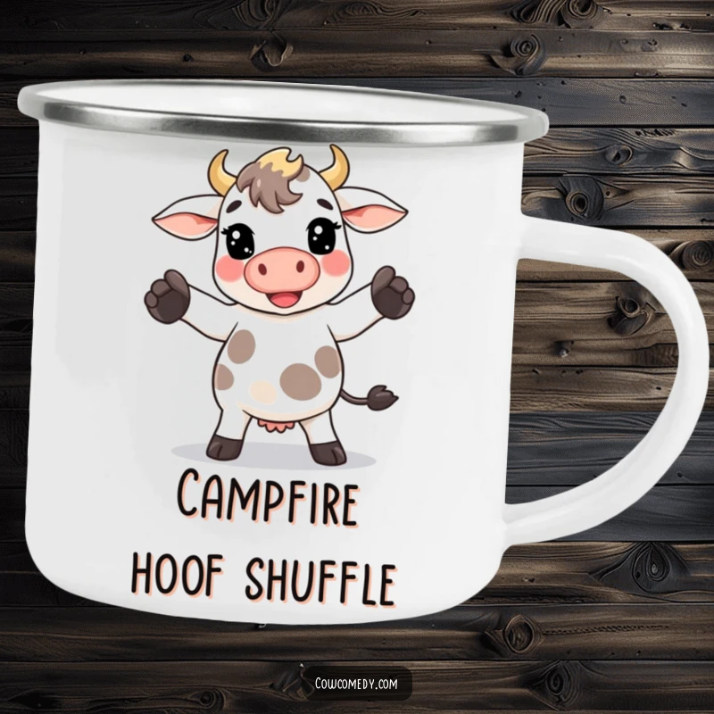 Funny Kawaii cow camping mug with a cow doing a goofy dance move with its hooves, perfect for outdoor fun.