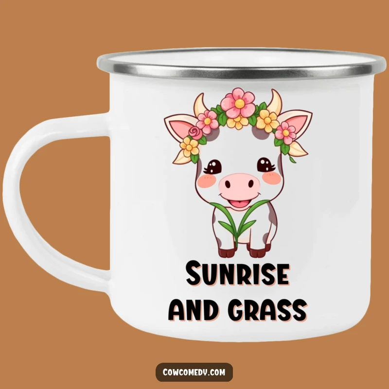 Funny Kawaii Cow Garland Camping Mug: Happy Chewing Cow Outdoor Gift!