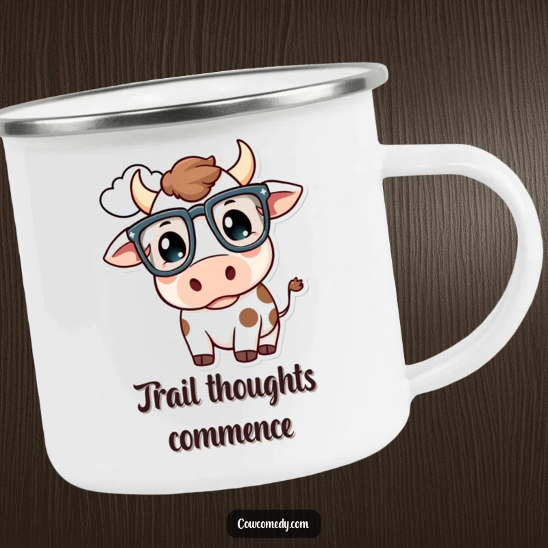 Funny Kawaii Cow Camping Mug: A cow with oversized glasses thoughtfully looks at a cloud, a smart outdoor funny gift.