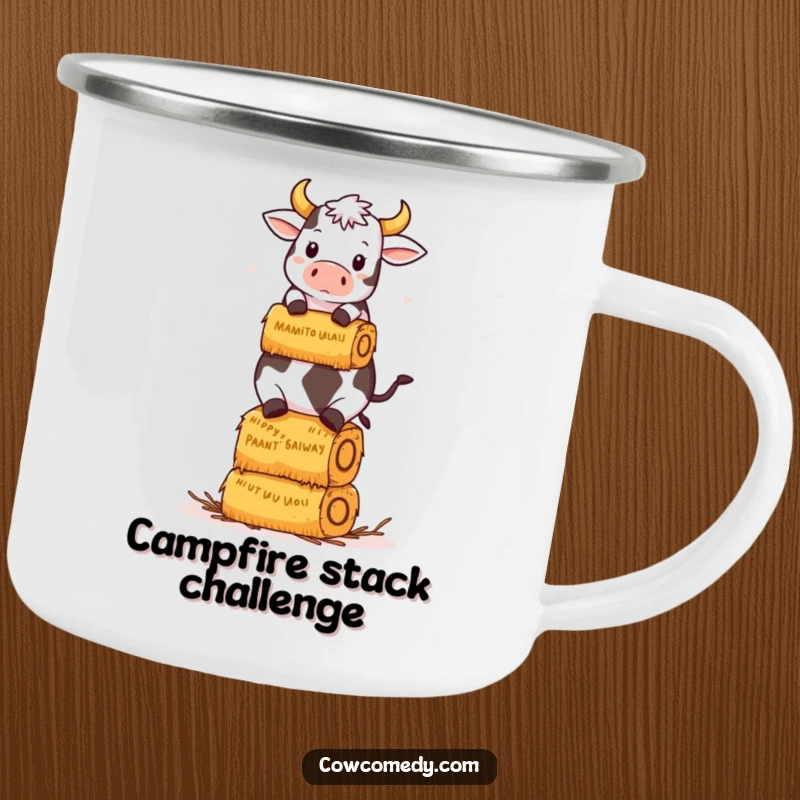 Funny Kawaii Cow Camping Mug: A kawaii cow humorously balances a stack of hay bales, a funny outdoor gift.