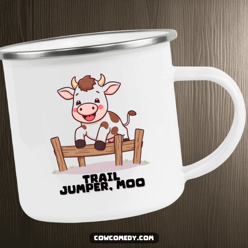 Funny kawaii cow camping mug with a cute cow leaping energetically over a small fence, perfect for adventure and warm drinks.
