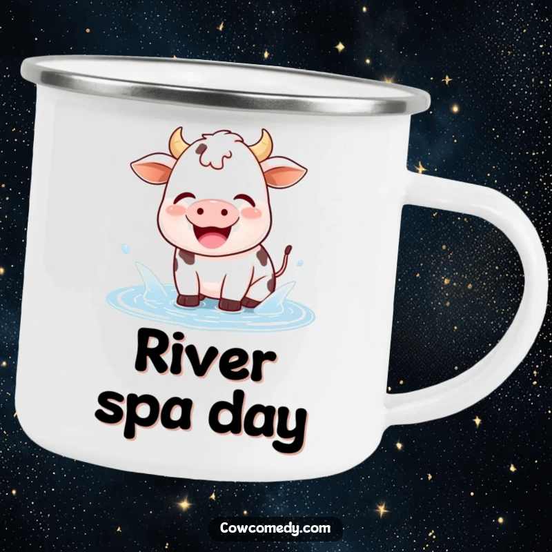 Funny kawaii cow camping mug showing a happy cow joyfully splashing in a small puddle, perfect for outdoor enjoyment.