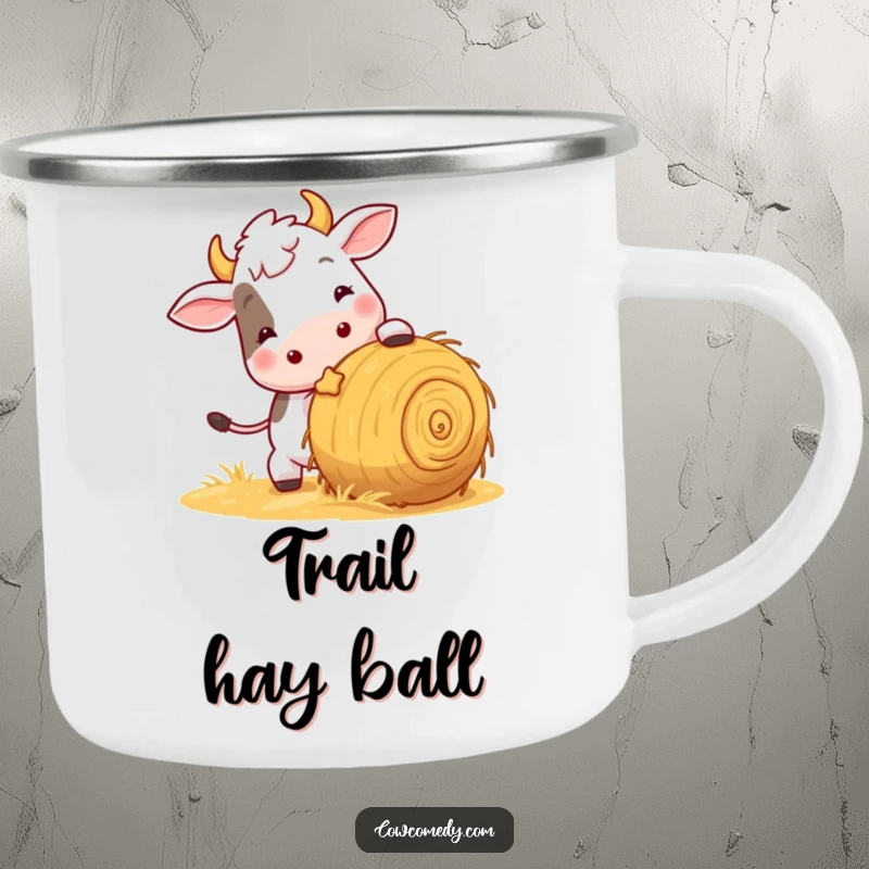 Funny camping mug featuring a playful cow nudging a rolling ball of hay, perfect for outdoor adventures and cow lovers.