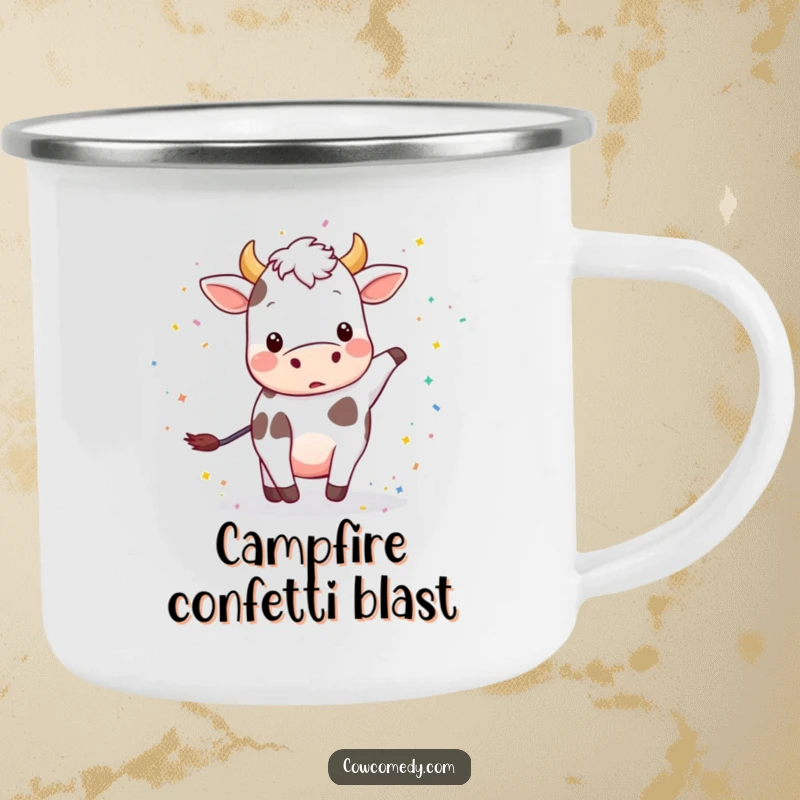 Funny enamel camping mug with a playful cow kicking up a festive cloud of colorful confetti.