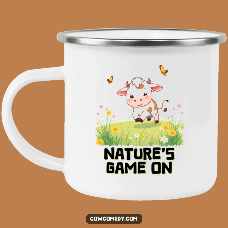 Funny Playful Cow Enamel Camping Mug Chasing Butterfly Adventure Ready