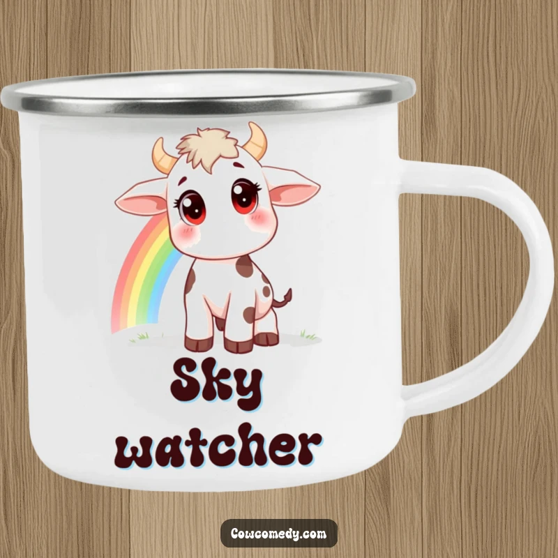 Funny camping mug with a curious cow, large eyes, watching a rainbow, perfect for outdoor exploration, a durable funny gift.