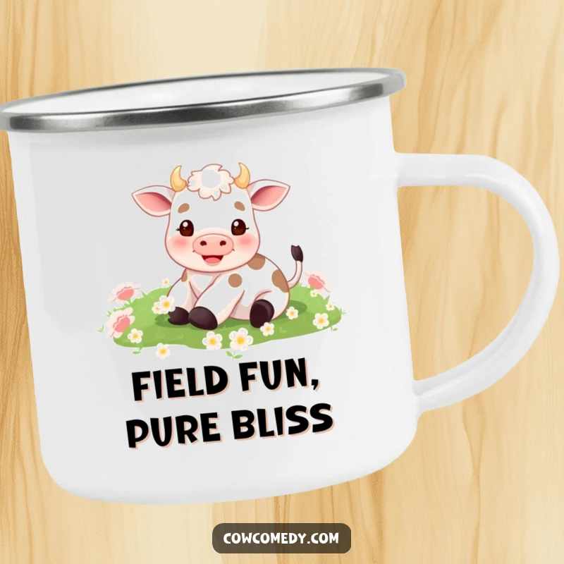 Funny camping mug graphic of a tiny cow with legs kicking up, rolling ecstatically in a lush green clover field. Sturdy and cheerful.