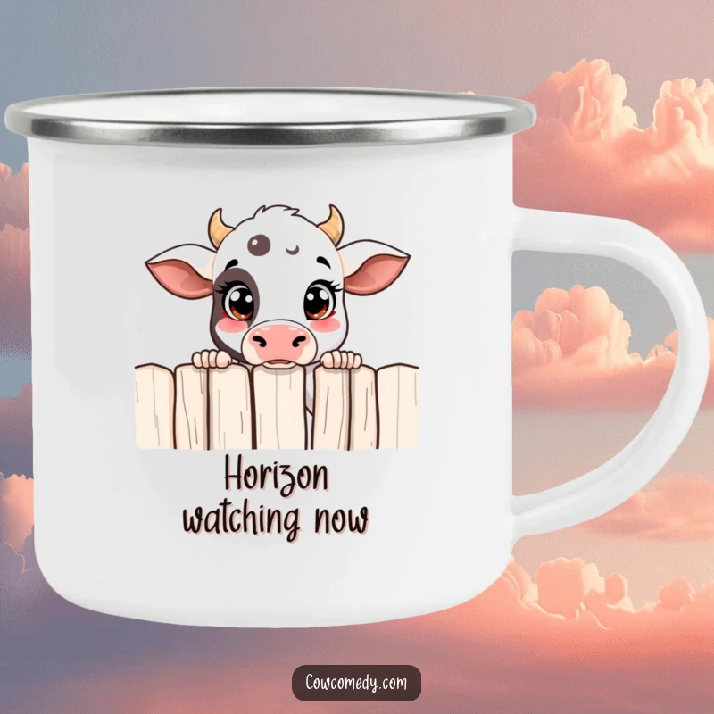 Funny curious cow enamel camping mug with a cow peeking over a fence, perfect for outdoor enthusiasts.