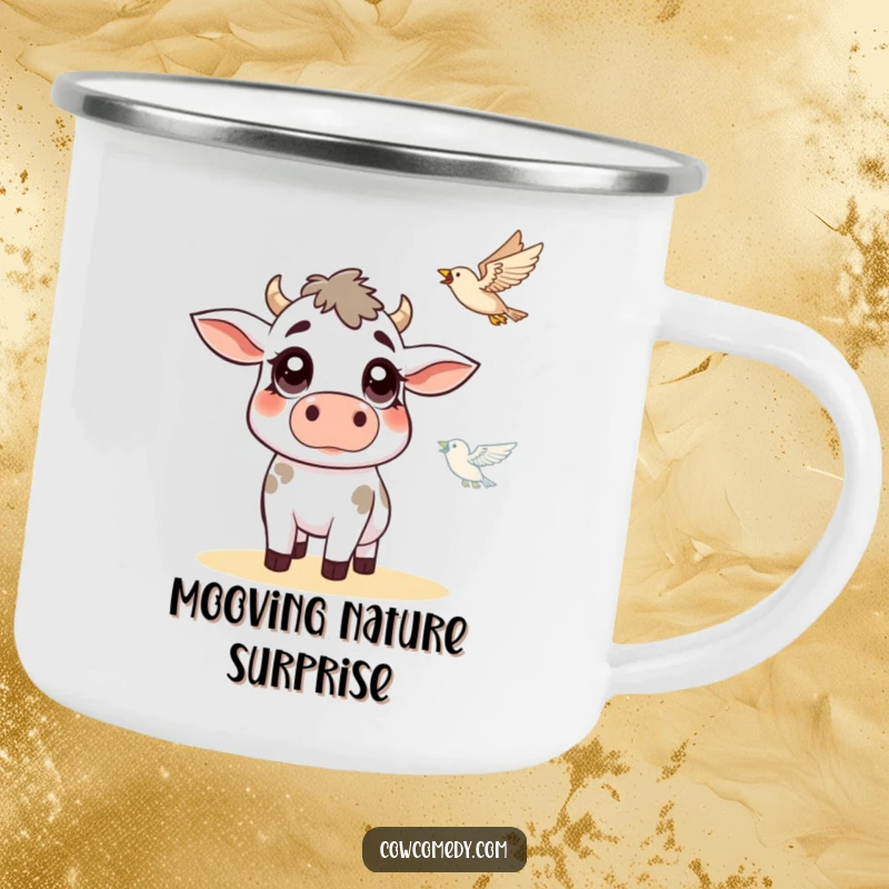 Funny cow camping mug showing a cow with wide, surprised eyes looking at a flying bird, embodying farmyard humor and surprise.