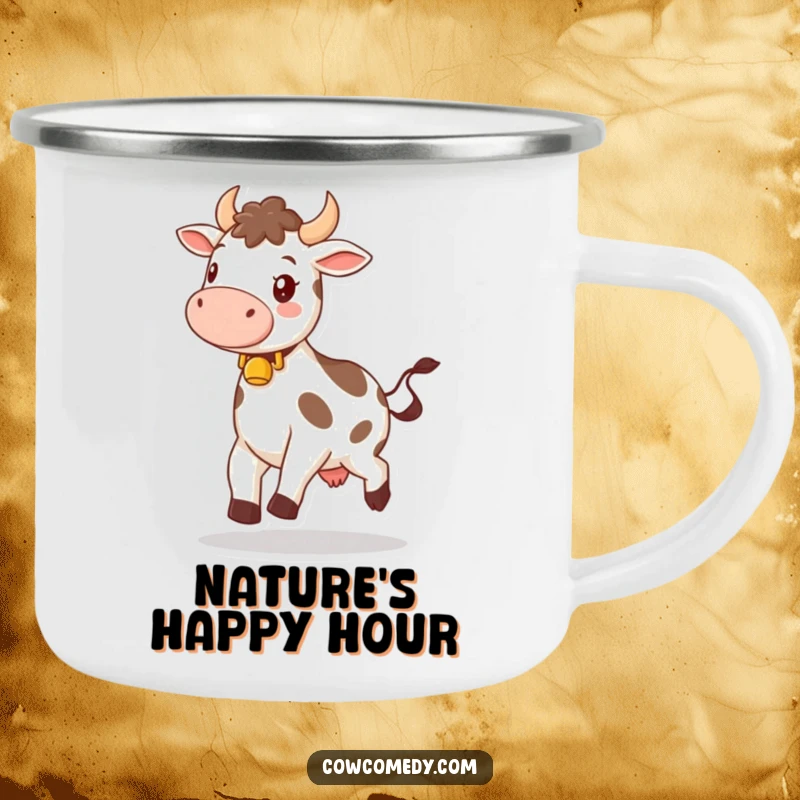 Funny camping mug illustration of a happy cow with a bell, skipping merrily, perfect for outdoor enthusiasts who love a cheerful design.