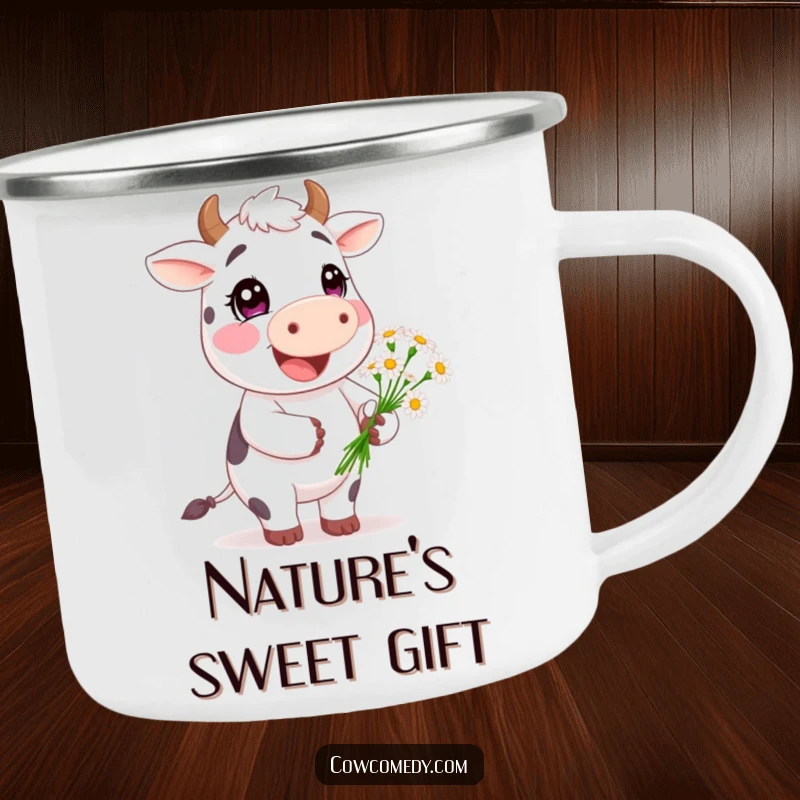 Funny Happy Cow Camping Mug: A cheerful cow character offering daisies, perfect for enjoying beverages outdoors with a smile.