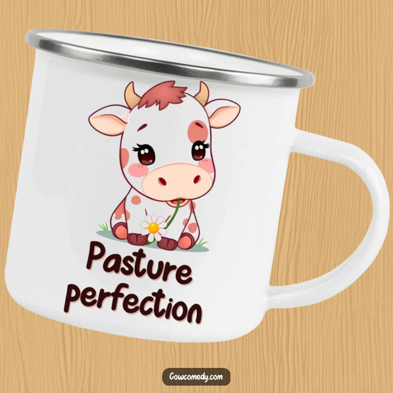 Funny camping mug featuring a cute spotted cow happily chewing a daisy, ideal for outdoor adventures, a durable funny gift.