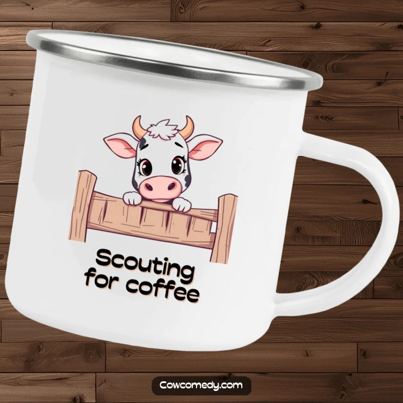 Funny enamel camping mug with a curious cow peeking over a fence.