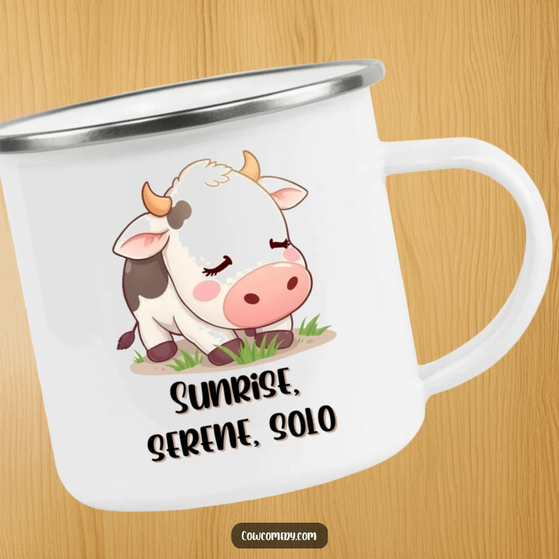 Funny Camping Mug featuring a blissful contented cow with closed eyes, peacefully grazing, perfect for outdoor serenity and humor.