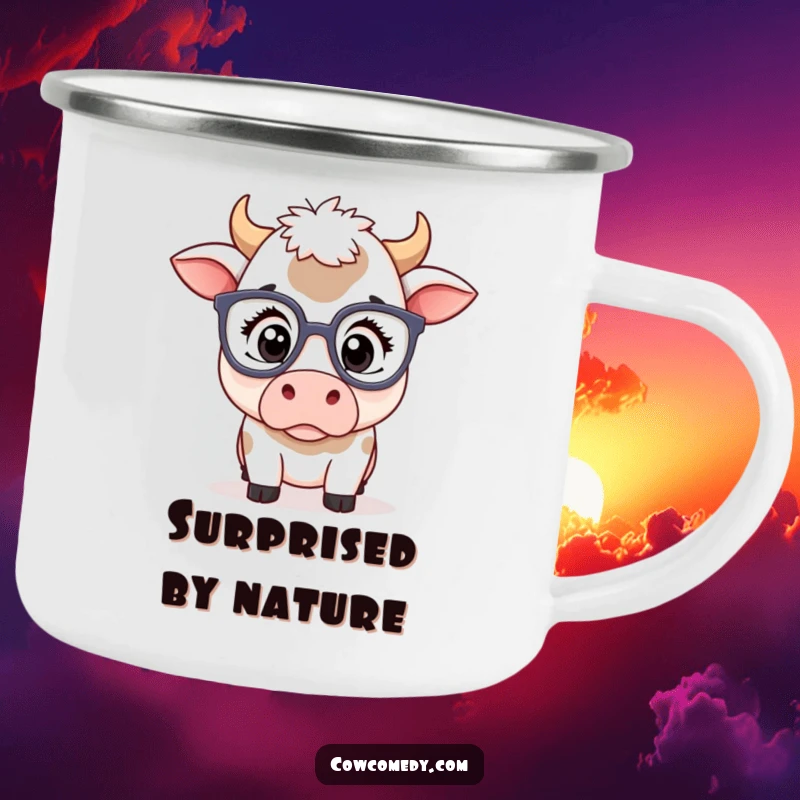 Funny kawaii cow camping mug with a cute cow wearing oversized spectacles, looking surprised, perfect for outdoor drinks.