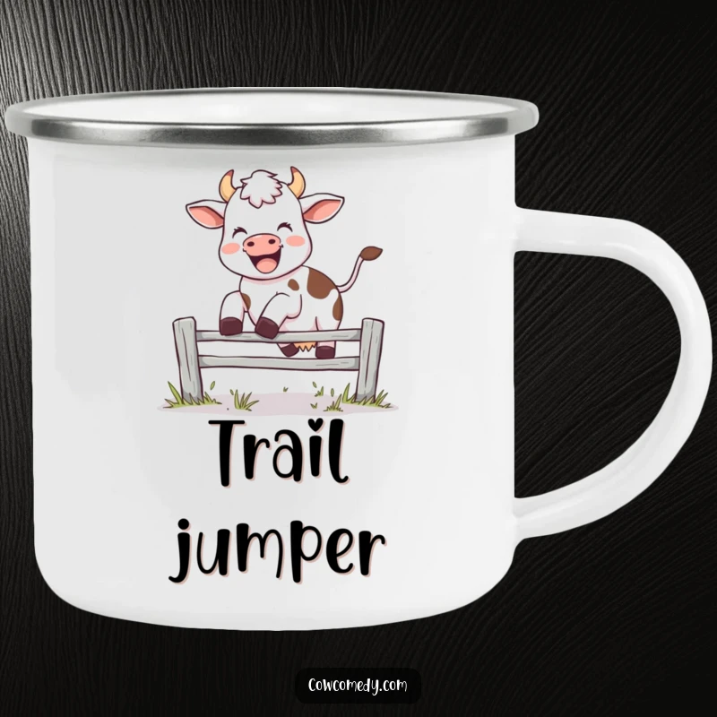 Funny camping mug with a joyful cow leaping over fence, mid-moo, perfect for outdoor adventures, a durable funny gift.