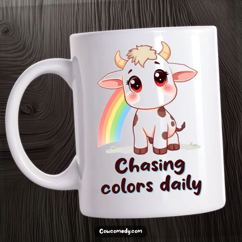 Funny mug featuring a little cow with huge curious eyes intently watching a colorful rainbow, full of wonder and charm, great gift.