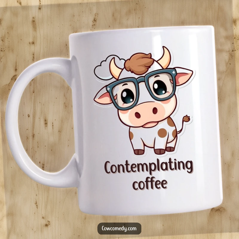 Funny Kawaii Cow Mug: A cow with oversized glasses thoughtfully gazes at a cloud, a whimsical and funny gift.