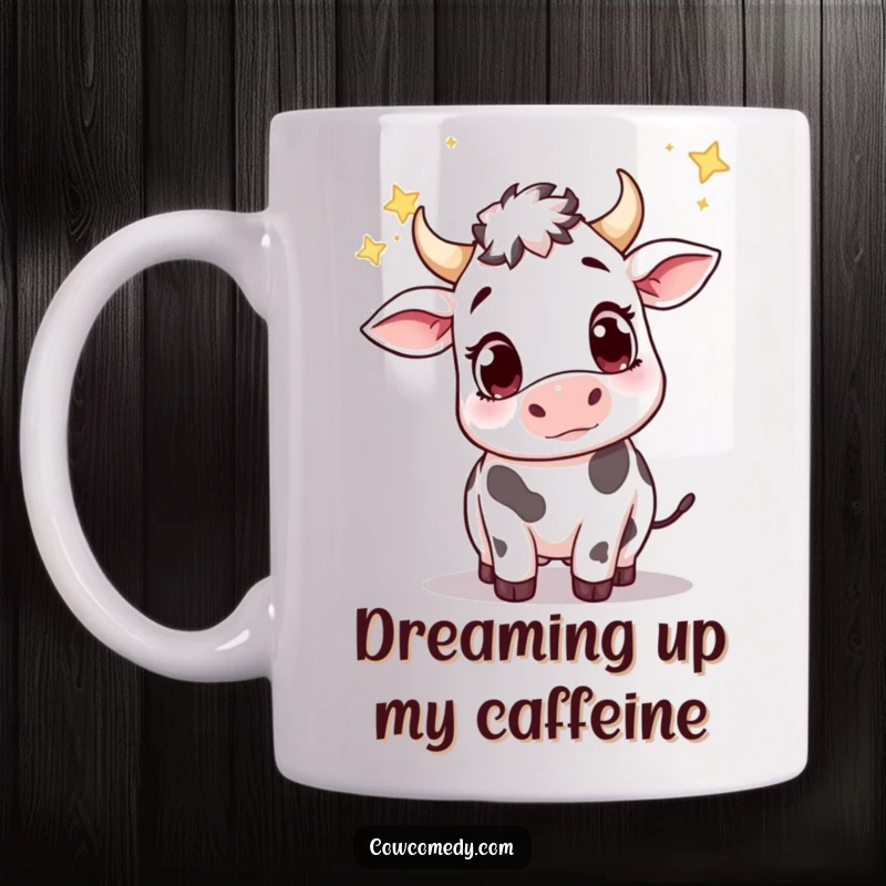 Funny ceramic mug featuring a cute cow with big, wondering eyes, reaching up to catch sparkling falling stars in a starry night sky.