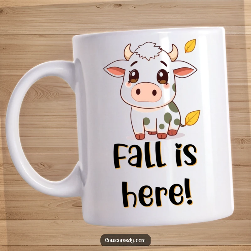 Funny mug featuring a cow with wide eyes and a surprised expression watching a single leaf fall from a tree. Humorous autumn scene.