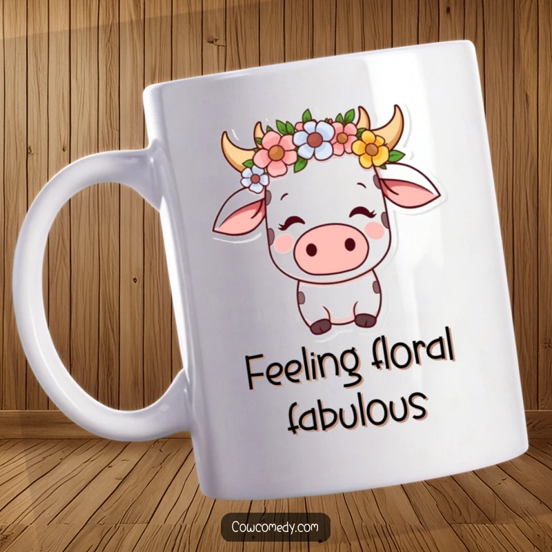 Funny kawaii cow mug with a flower crown, looking serene and content, radiating peaceful vibes and gentle charm.