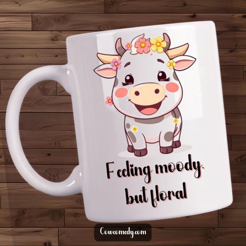 Funny happy cow mug with a wide smile and flowers in its fur, radiating pure joy and happiness, perfect as a gift.