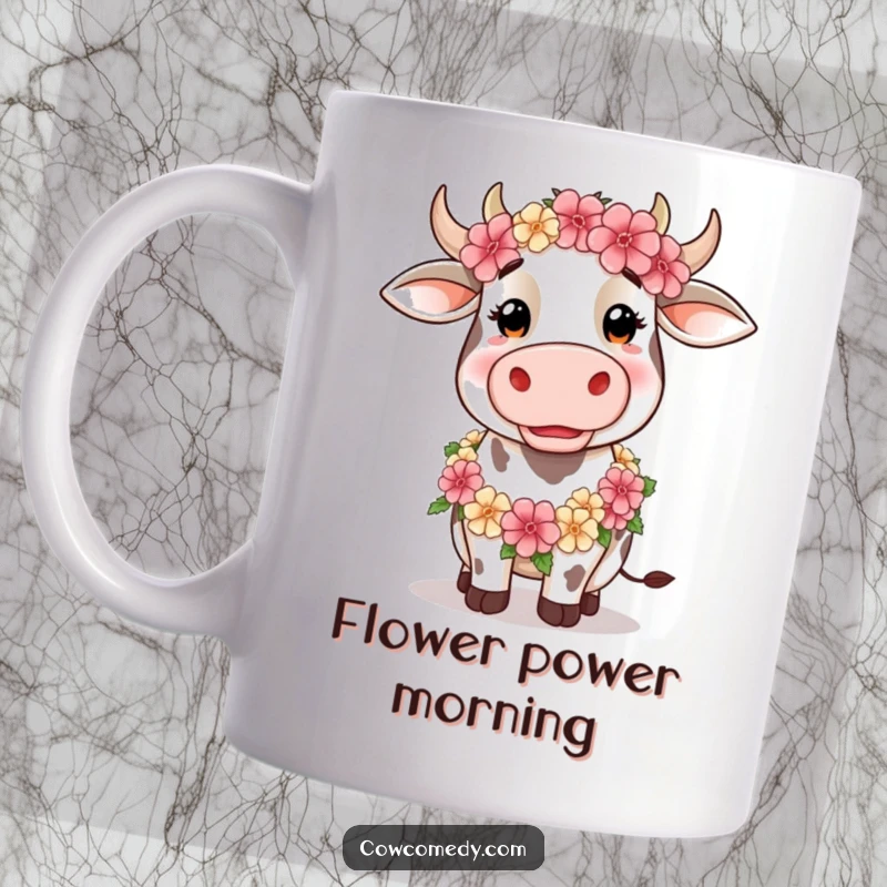 Funny Mug featuring a silly cow adorning a beautiful floral garland, embodying whimsical charm and humor.