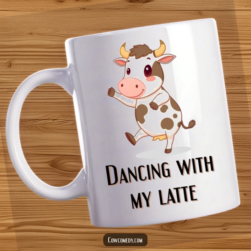 Funny Mug featuring a happy cow doing a lively jig with its hooves, spreading infectious cheer and humor.