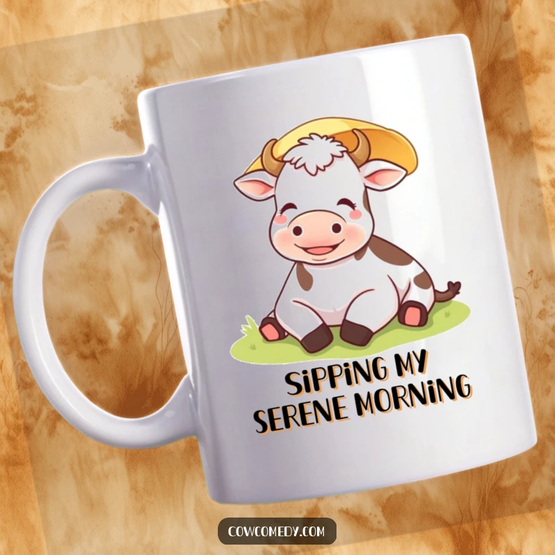Funny contented cow sighing happily under a sunshade on a mug, symbolizing relaxation and peace.