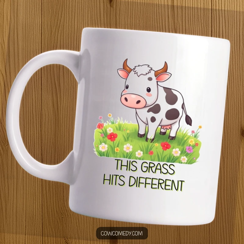 Funny cow mug with a contented expression grazing peacefully in a vibrant meadow, offering a touch of rural charm.