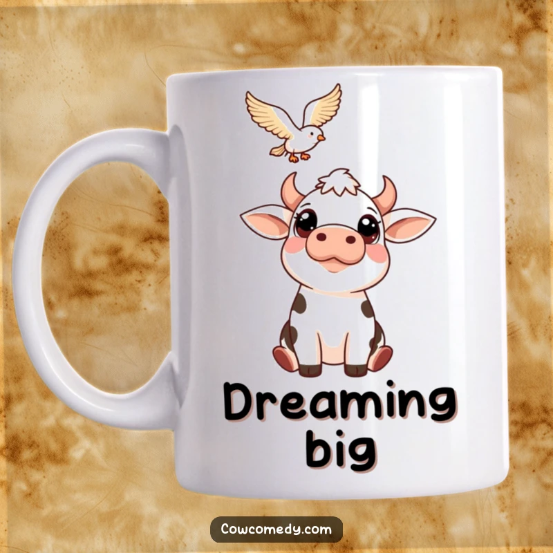 Funny mug featuring a cow with large, innocent eyes looking up with wonder at a bird soaring in the sky. A peaceful and humorous scene.