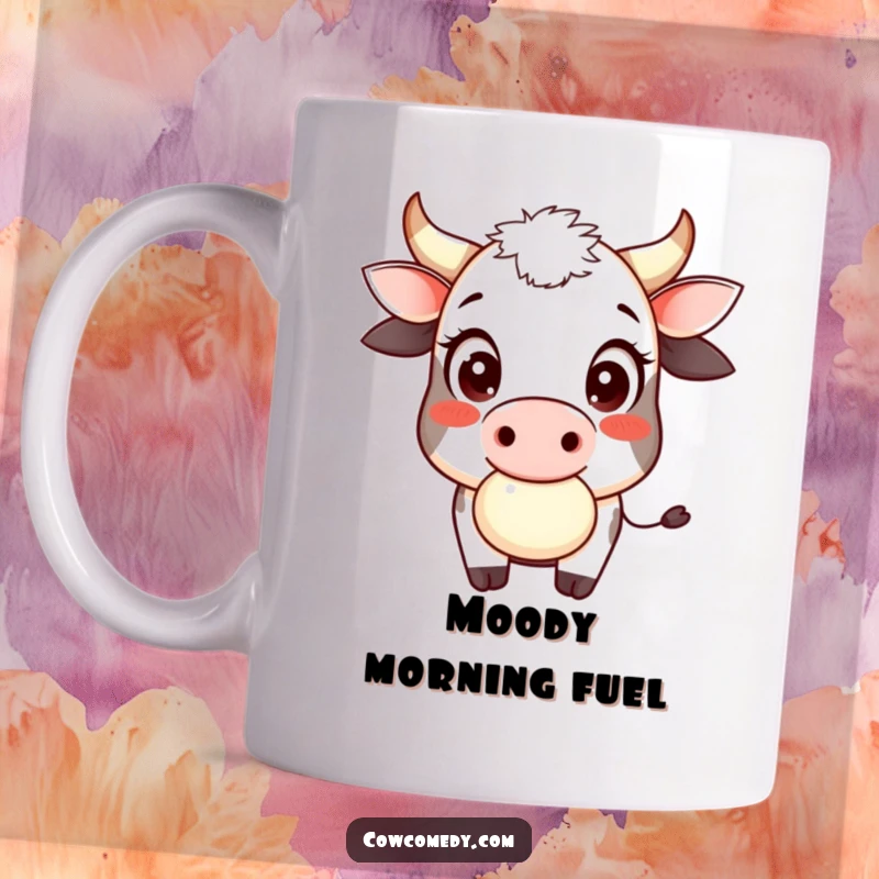 Funny cow cud chewer mug showing a smiling cow with large, innocent eyes playfully chewing cud, exuding gentle humor.