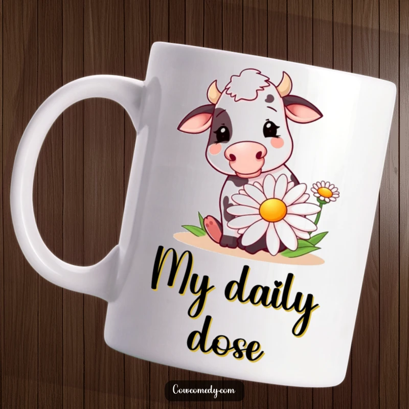 Funny mug featuring a joyful cow with a huge smile, happily chewing on a big, stylized daisy. A whimsical and charming farm animal illustration.