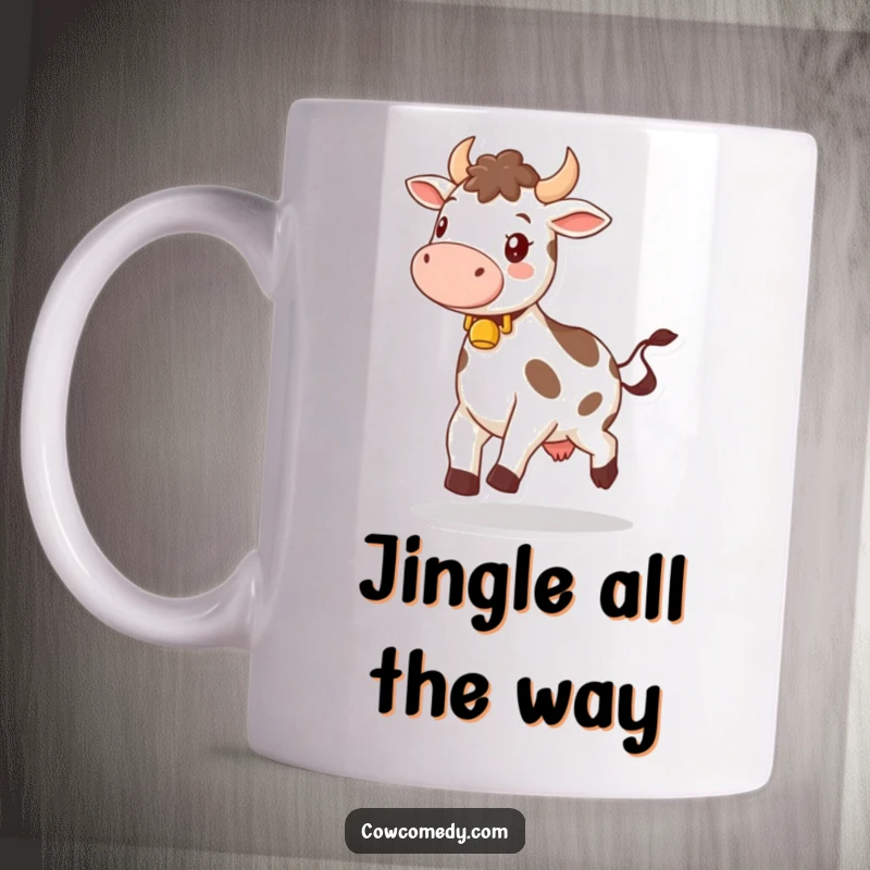 Funny mug illustration of a joyful cow with a bell around its neck, skipping happily through a green pasture, radiating carefree happiness.