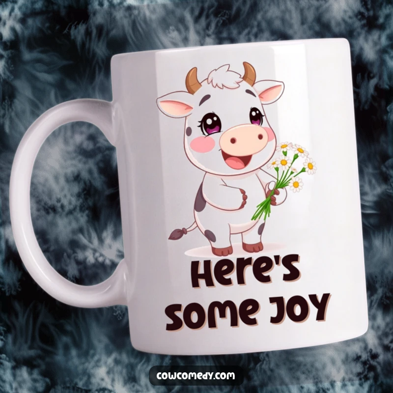 Funny Happy Daisy Cow Mug: a cheerful cow character extending a small bouquet of daisies, radiating pure happiness and sweetness.