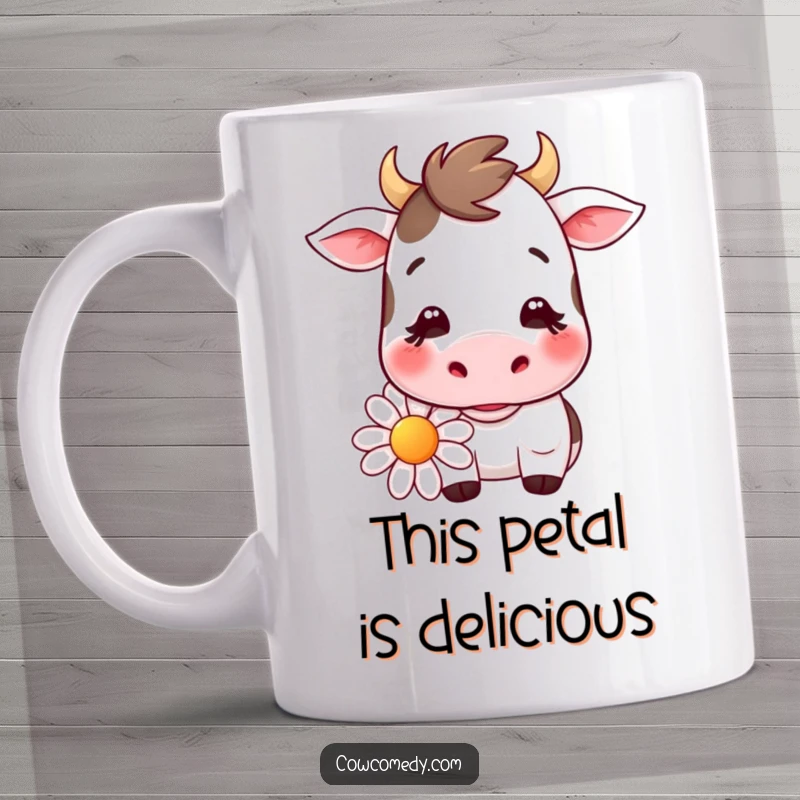 Funny Kawaii cow mug with a gentle smile, happily chewing on a big daisy, bringing serene vibes and cute farm animal charm.