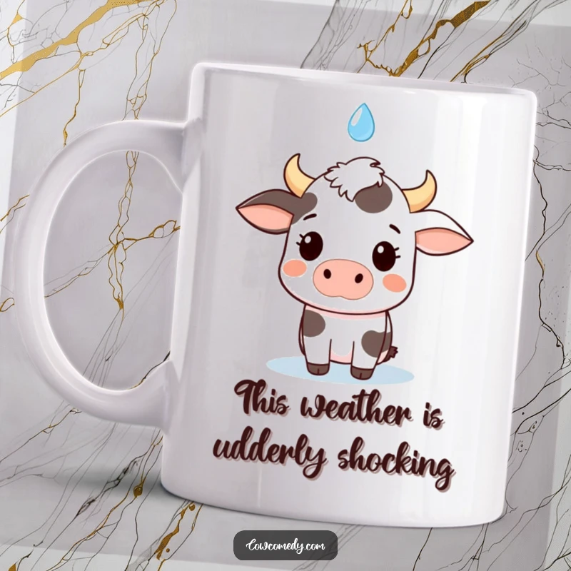 Funny kawaii cow mug, surprised by a single falling raindrop, expressing adorable shock and a quirky sense of humor.