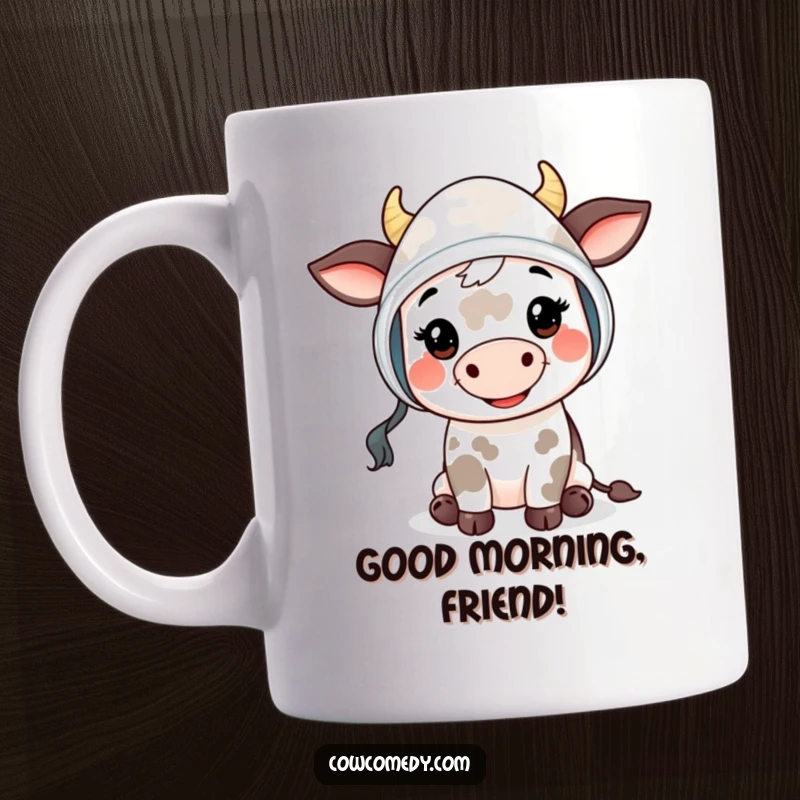 Funny Mooing Cow Kid Mug: a smiling young cow character wearing a bonnet and offering a friendly 'moo' with open arms.