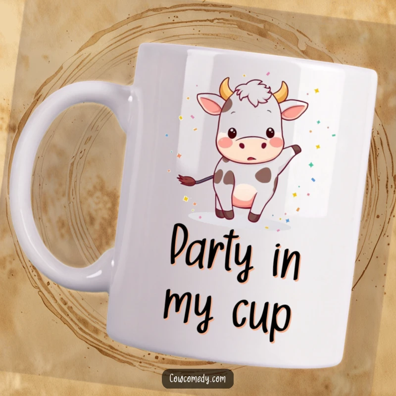 Funny mug showcasing a playful cow joyfully kicking up a cloud of vibrant, colorful confetti.