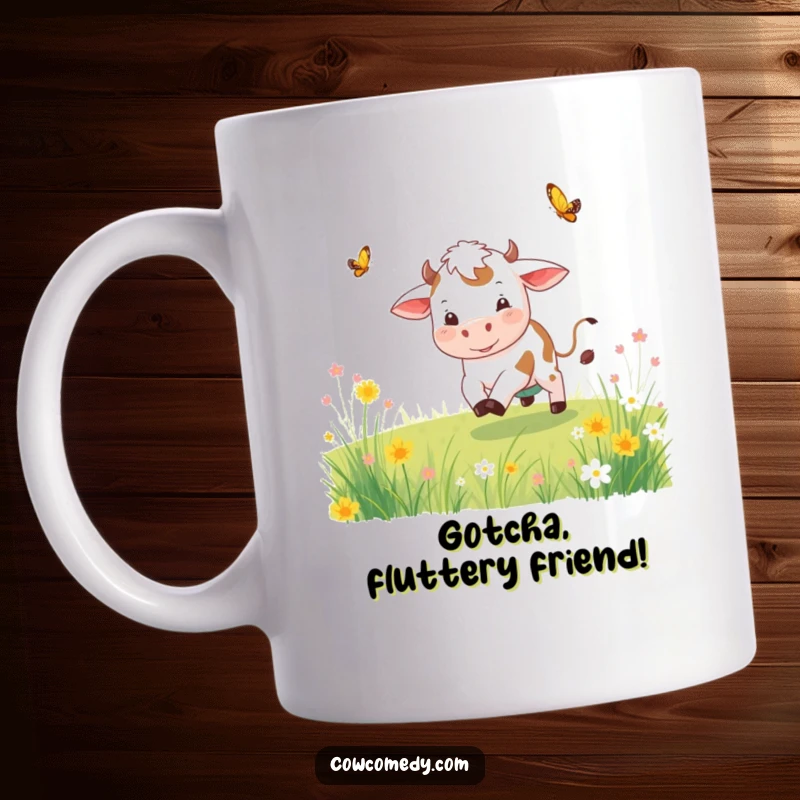 Funny playful cow mug with a cow joyfully chasing a butterfly through a vibrant meadow, full of life.