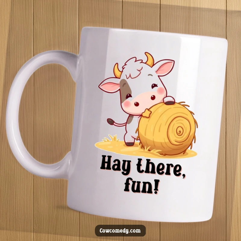 Funny cow mug depicting a playful cow nudging a rolling ball of hay with a mischievous and energetic expression.
