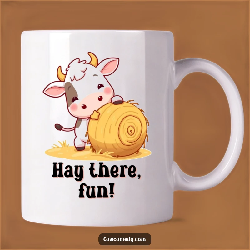 Funny Playful Cow Mug: Hay Ball Antics for Your Morning Brew